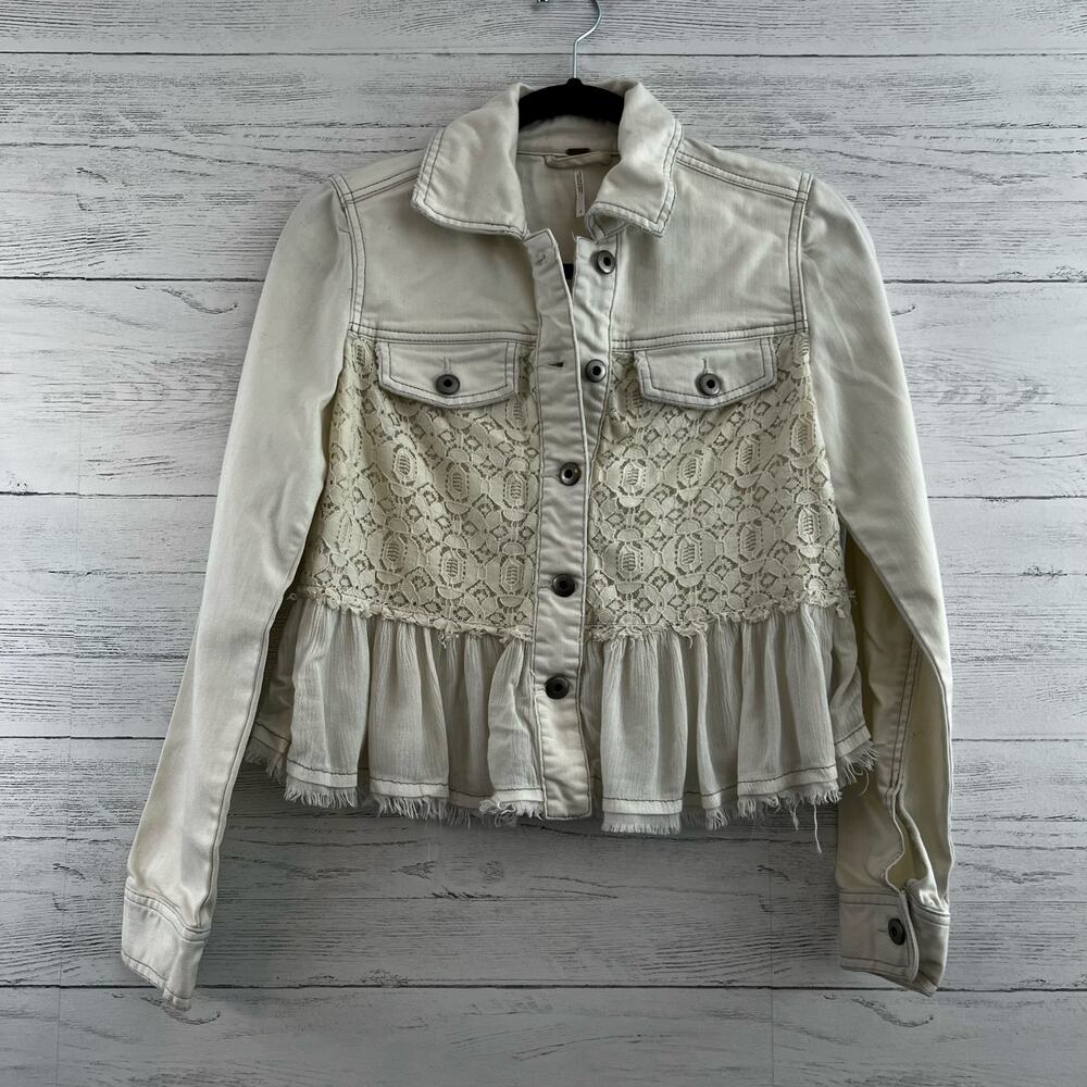 Free People Denim and Lace Peplum Jacket Size 0‎